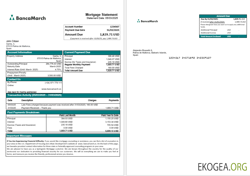 Relevé hypothécaire de la Banca March en Espagne aux formats Word et PDF